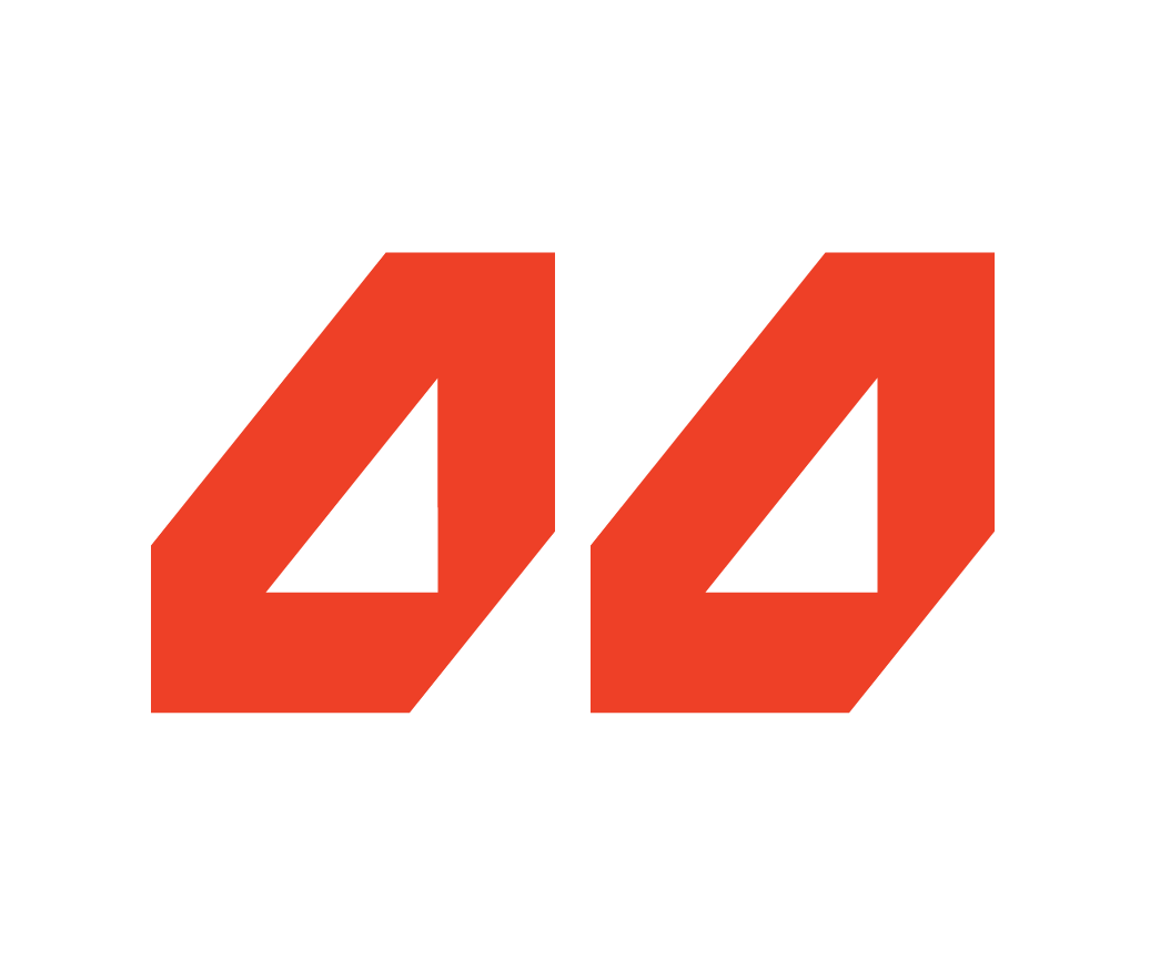 Red geometric logo on a white background